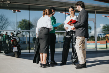 A group of professional businesspeople meet outdoors to discuss work, holding documents on a bright sunny day in a modern urban city area.