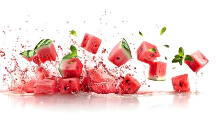 Wall Mural - watermelon cubes in juice splash isolated on a white background
watermelon cubes in juice splash isolated on a white background
