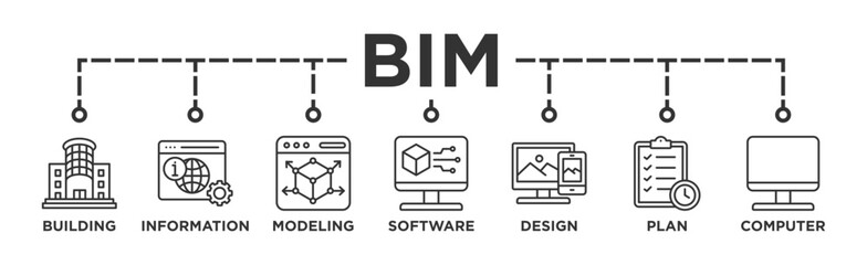 BIM banner web icon vector illustration concept for building information modeling with icon of building, information, modeling, software, design, plan, and computer
