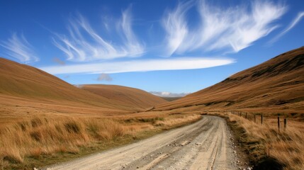 Sticker -  a dirt road in the middle of a grassy field with a hill in the background and a blue sky with wispy clouds.