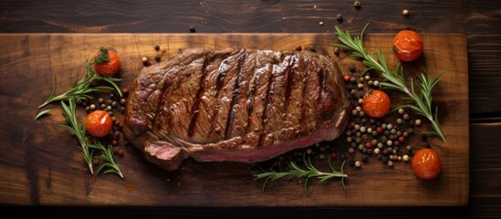 Wall Mural - A steak is displayed on a wooden cutting board surrounded by tomatoes and peppers, creating a visually pleasing arrangement of food ingredients