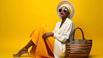 Wall Mural - portrait of a beautiful fashionable and glamorous African woman wearing sunglasses against a yellow wall