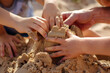  a family's hands building a sandcastle together, each member contributing to the creation of a sandy masterpiece and bonding over shared summertime memories