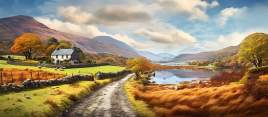 Wall Mural - A picturesque natural landscape painting showcasing a country road leading to a tranquil lake with mountains in the background under a beautiful sky filled with fluffy clouds