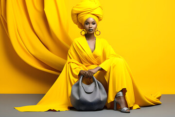 Wall Mural - portrait of a beautiful fashionable and glamorous African woman against a yellow wall