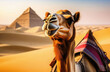 A camel looks into the camera against a backdrop of desert pyramids and bright sky. Tourism, invitation to travel