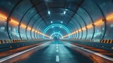 Fototapeta Przestrzenne - Rendering of 3D architectural tunnel on highway with empty asphalt road
