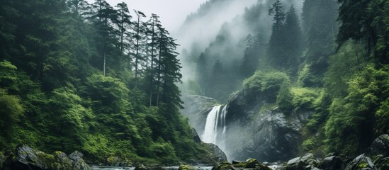 Sticker - A stunning waterfall flows in the heart of a forest, surrounded by tall trees and lush greenery, creating a mesmerizing natural landscape