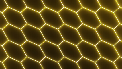 Wall Mural - 3d abstract background with honeycombs. Futuristic grid hexagon wireframe neon glowing yellow pattern. Sci-fi retro music template