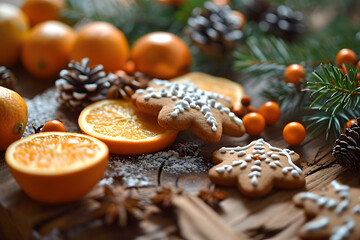 Wall Mural - assorted decorative Christmas cookies and oranges. dessert and holiday baking. creative handmade