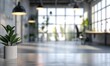 Beautiful blurred background of a bright modern office interior with panoramic windows and beautiful lighting mockup