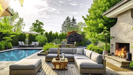 Wall Mural - Modern apartment patio or cortyard with pool, calming area for relaxing in natural ambience