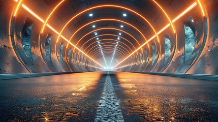 Rendering of 3D architectural tunnel on highway with empty asphalt road