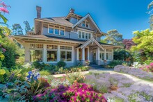 A Captivating Craftsman House With A Soft Lilac Exterior, Nestled Amidst A Sea Of Vibrant Flowers.