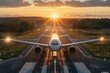 The plane stands on the runway in the rays of the setting sun.