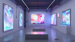 A futuristic avant-garde gallery where empty frame mockups are enhanced with augmented reality, projecting digital art that can only be seen through special glasses provided at the entrance.