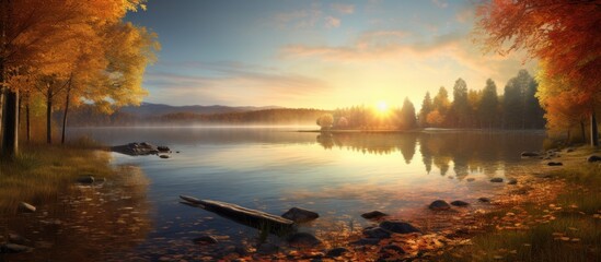 Canvas Print - A picturesque scene of a tranquil lake framed by trees, with a stunning sunset painting the sky with vibrant hues, creating a serene natural landscape