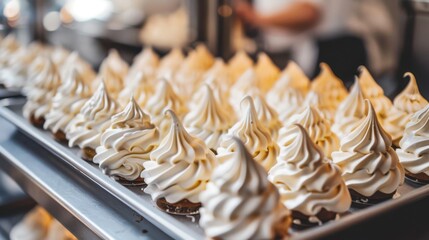 Sticker -  a row of cupcakes with white frosting on top of them on a metal tray in a bakery.