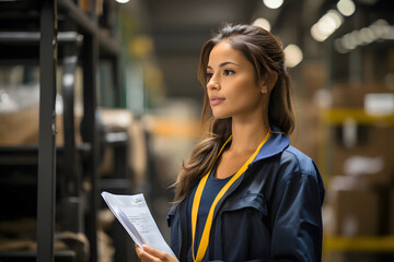 female worker in a transport industrial workshop with documents in her hands. business industry