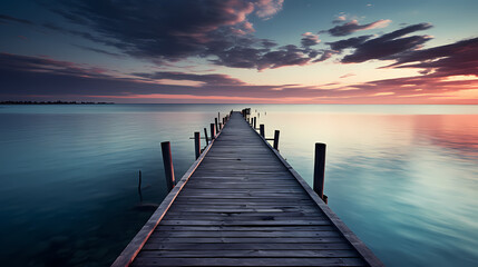  Mid shot of minimalist pier extending into lake