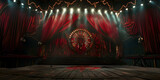 Fototapeta  - Theater stage with red curtains and spotlights, Elegant classic theater ready to start the show.