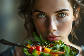 beautiful young woman eats green salad with tomatoes. beauty, health and healthy nutrition with vitamins