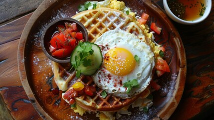 Wall Mural -  a plate of waffles topped with fried eggs, tomatoes, cucumbers, and avocado.