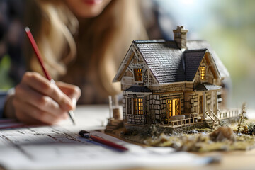 Wall Mural - development of a plan for the design and construction of a model of a residential building on a table with drawings. construction and architecture