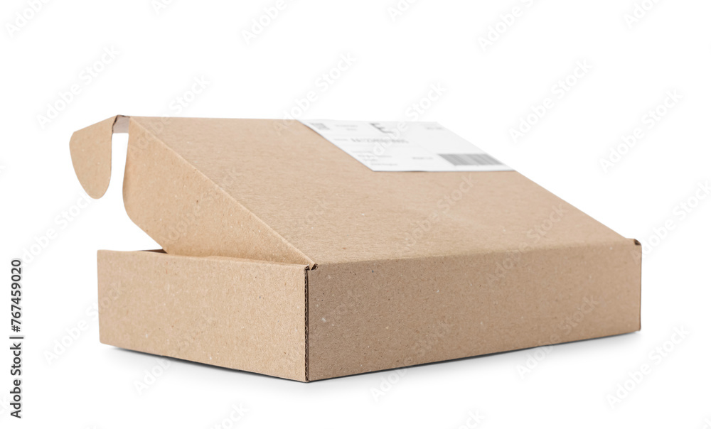 Open cardboard package with shipping label and barcode on white background