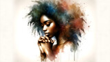 Fototapeta Sport - abstract illustration of a stunningly pretty young African american black woman praying with her hands clasped - profile side view - white background - watercolor strokes