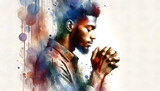 Fototapeta Sport - abstract illustration of a handsome young African american black man praying with his hands clasped - white background - watercolor strokes