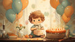 Cute boy birthday card with cake with candles and balloons. Children's birthday party. Watercolor illustration. Generative AI