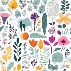 A collection of seamless pattern, colorful abstract plants and flowers. Hand drawn Collection of leaves and flowers. A close up of a pattern of flowers and leaves.
