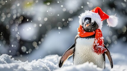 Wall Mural - Festive Penguin: Adorable Bird in Snow with Santa Hat and Scarf, Christmas Card