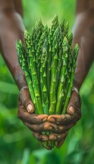 Sticker - Fresh asparagus selection with hand holding bunch on blurred background, copy space available