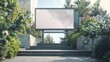 Set against a background of greenery and a stairway, a sizable empty billboard offers a space for digital or printed advertising, standing on a speckled concrete surface
