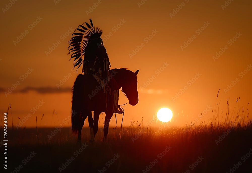 Silhouette of Native American Indian on horseback and spear ready to ...