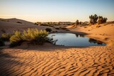 Fototapeta Perspektywa 3d - The empty quarter and outdoor sand dune in an old desert. Arabian desert oasis landscape at sunset. 3d render.