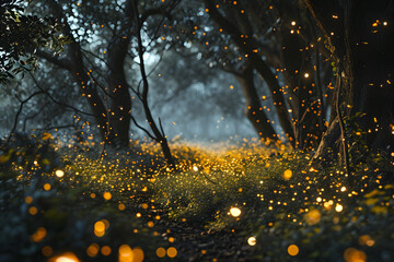 Wall Mural - lights of fireflies beetles in the evening forest. fauna and flora in nature