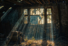 Sunbeams Pierce Through The Window Of A Dilapidated Barn With An Old Tractor