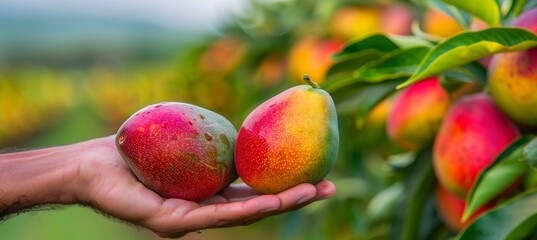Wall Mural - Ripe mango held in hand, selection of mangoes on blurred background with copy space