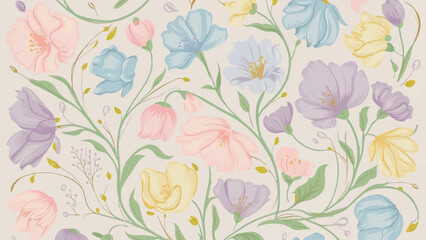 
A charming and delicate pastel-colored flower design pattern features a variety of blossoms in soft hues of pink, blue, purple, and yellow. The flowers are intricately intertwined with a touch of gre