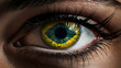 Close up of human eye with flag of Brazil. Flag symbols in the eye.	