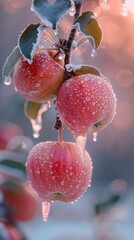 Wall Mural - A bunch of apples hanging from a tree, with crisp frost and frozen rain drops.