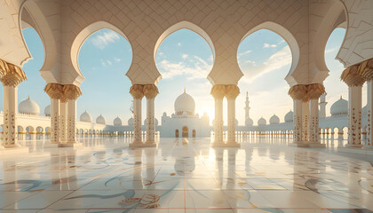 Poster - A serene image of an Arab arch with a mosque in the background, representing the concept of Ramadan and spiritual reflection.