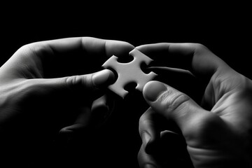 Black and white image of hands holding a single puzzle piece in the dark