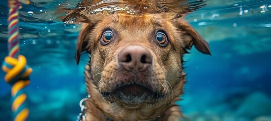 Wall Mural - Playful dog diving deep underwater on summer vacation   closeup funny photo with pet
