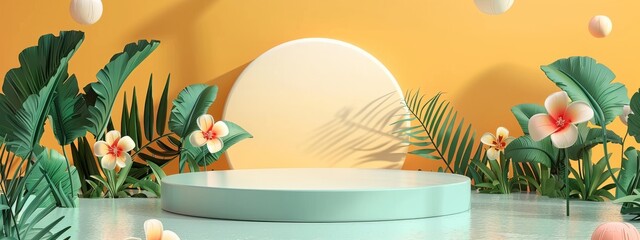 Wall Mural - Background podium 3D product display stand platform abstract pastel light. Stage podium 3D background cream studio minimal scene wall pink white shadow room render blue empty floor luxury circle.