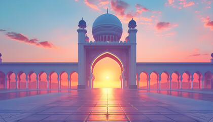 Wall Mural - An image featuring an Arab arch with a mosque in the background, symbolizing the Ramadan concept. It showcases the beauty and spirituality of Islamic architecture and tradition.