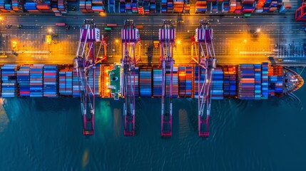 Wall Mural - Container ship fully loaded, sailing in vibrant bright blue ocean waters under clear skies.